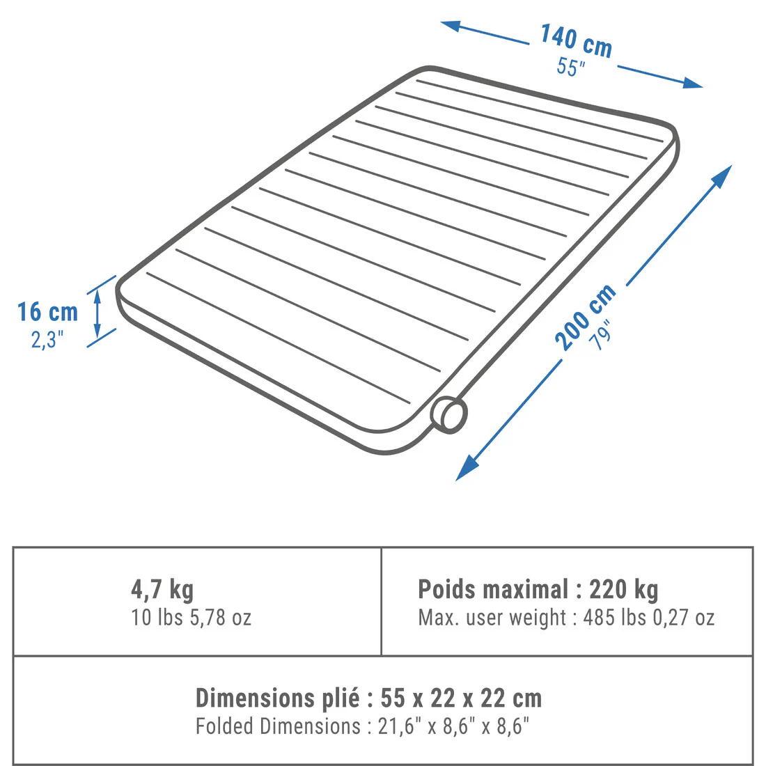 COLCHÓN INFLABLE DE CAMPING 2 PERSONAS 200 X 140 CM AIR SECONDS COMFORT - Image 2