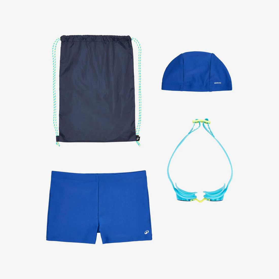 KIT NATACIÓN TRAJE DE BAÑO + LENTES + GORRO + BOLSA 100 NIÑO AZUL
