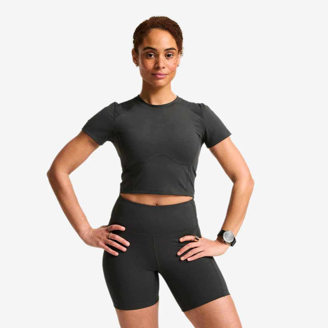 Camiseta Deportiva Mujer Gris Oscuro Manga Corta